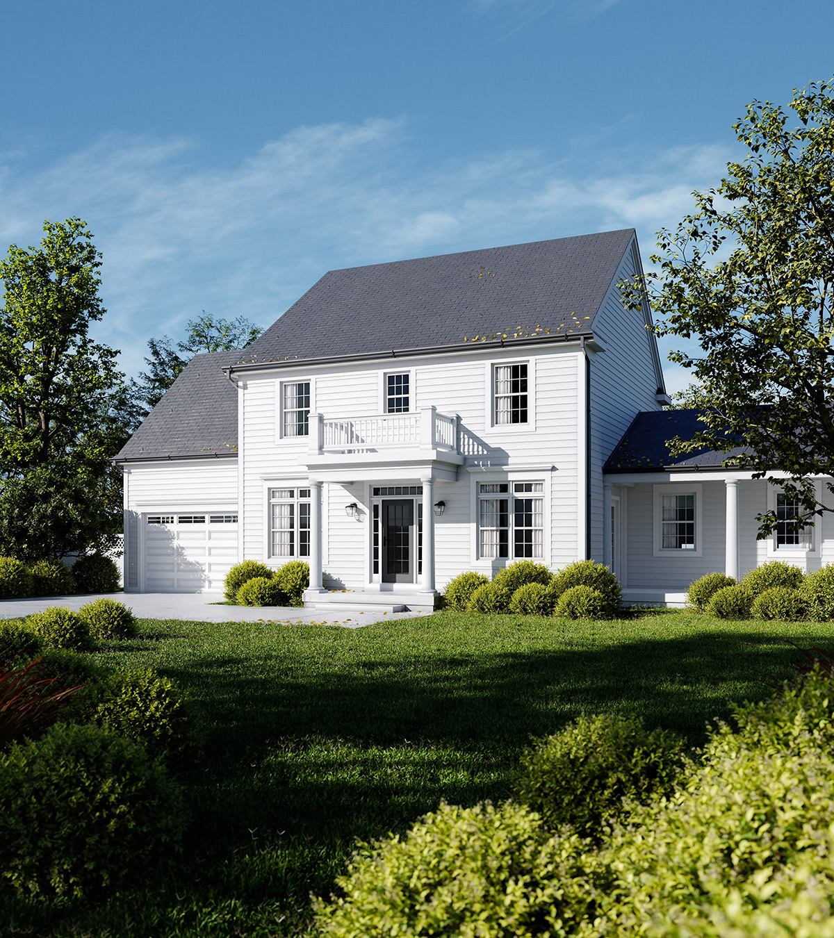 Exterior rendering of a house showing its architectural style, color scheme and surroundings.