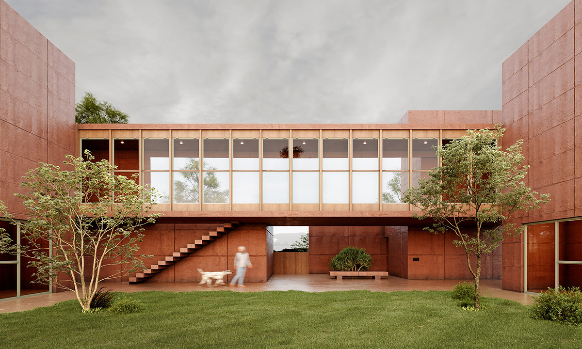 Exterior rendering of the courtyard of a large scale commerical space.
