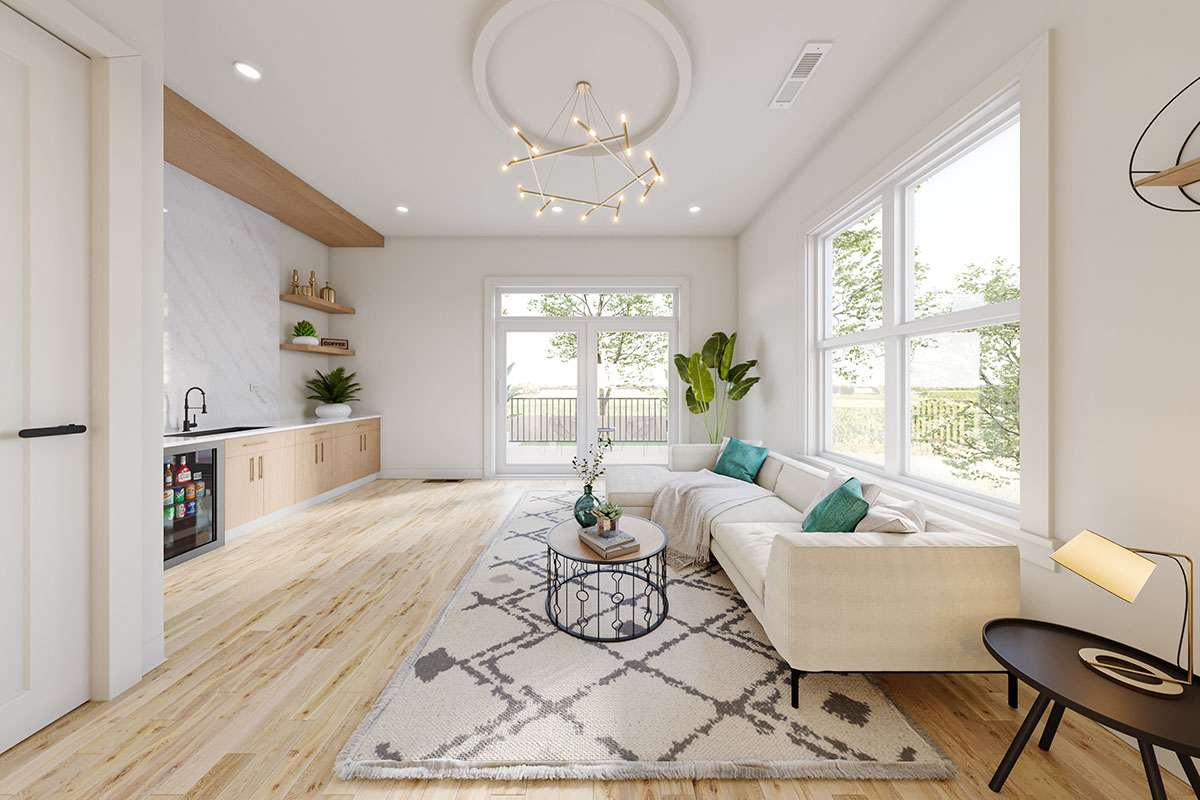 3d illustration of a family room showing the space and colors of the area.